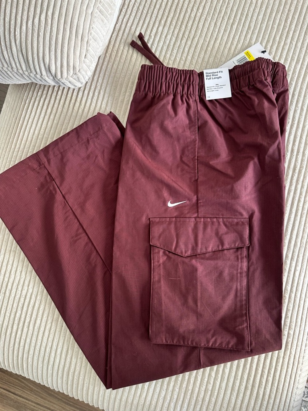 Nike Burgundy Elastic Waist Cargo Pants with White Swoosh